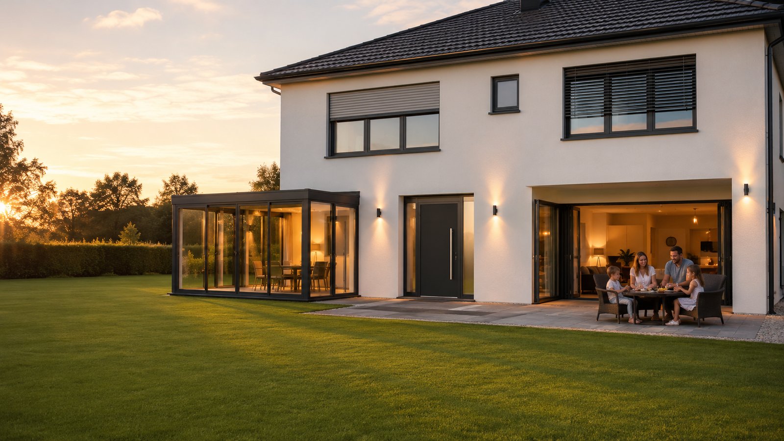 Hausfassade mit markierten Bereichen für Fenster, Türen und Rollläden