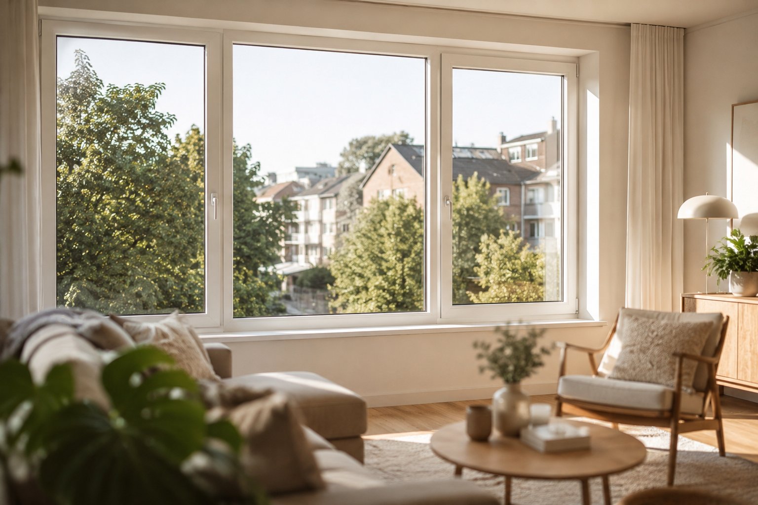 Neu montiertes 3-fach-verglastes Fenster in einem hellen Wohnraum